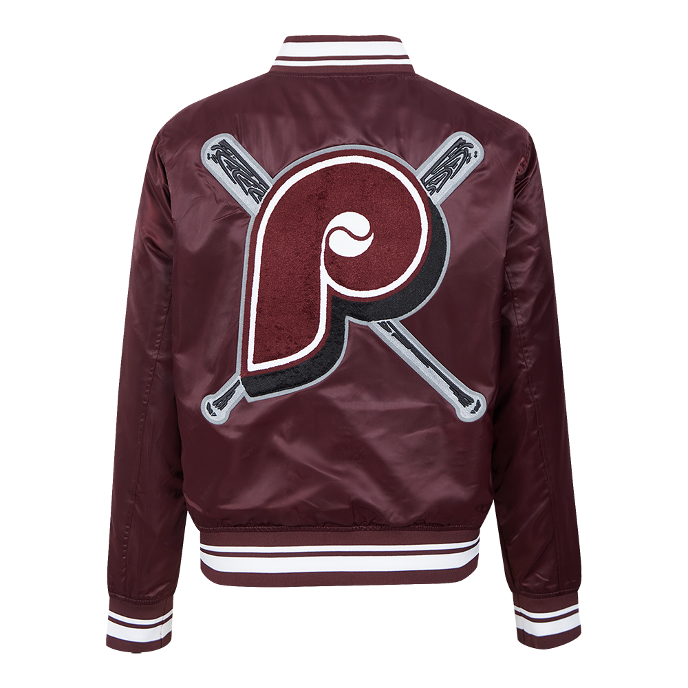 MLB PHILADELPHIA PHILLIES MASH UP BLOUSON RÉTRO EN SATIN À BORDS CÔTELÉS POUR FEMME (LIE-DE-VIN)