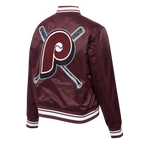MLB PHILADELPHIA PHILLIES MASH UP BLOUSON RÉTRO EN SATIN À BORDS CÔTELÉS POUR FEMME (LIE-DE-VIN)