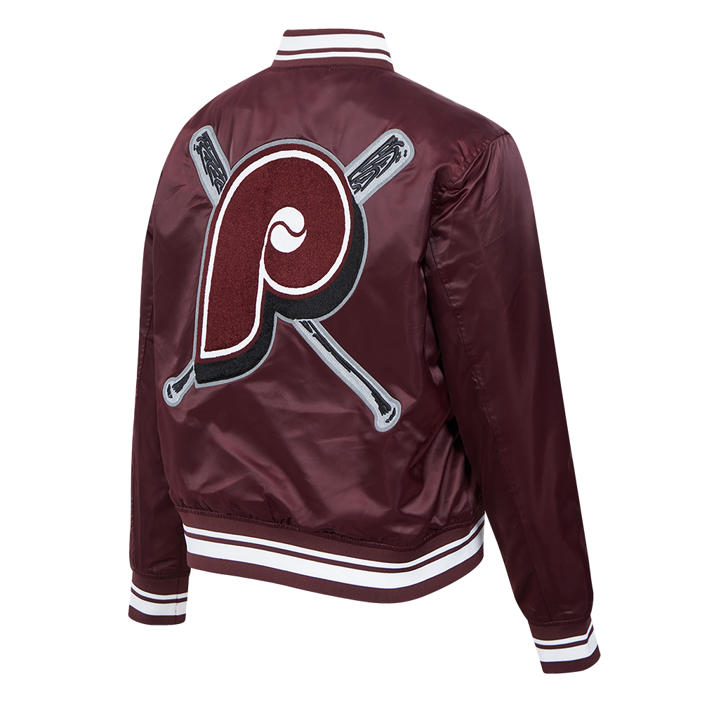 MLB PHILADELPHIA PHILLIES MASH UP BLOUSON RÉTRO EN SATIN À BORDS CÔTELÉS POUR FEMME (LIE-DE-VIN)