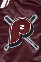 MLB PHILADELPHIA PHILLIES MASH UP BLOUSON RÉTRO EN SATIN À BORDS CÔTELÉS POUR FEMME (LIE-DE-VIN)