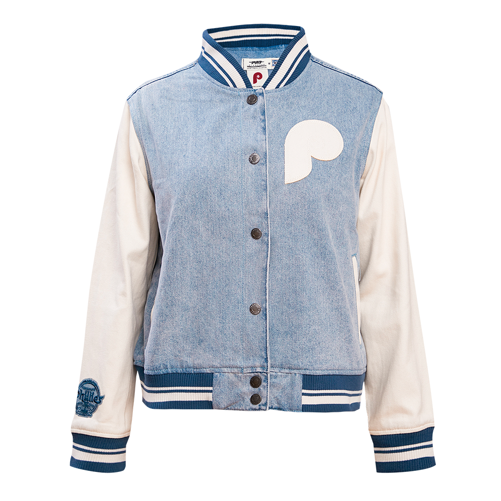 MLB PHILADELPHIA PHILLIES VARSITY BLUES BLOUSON COLLÉGIAL EN DENIM POUR FEMME (DENIM/LIN)