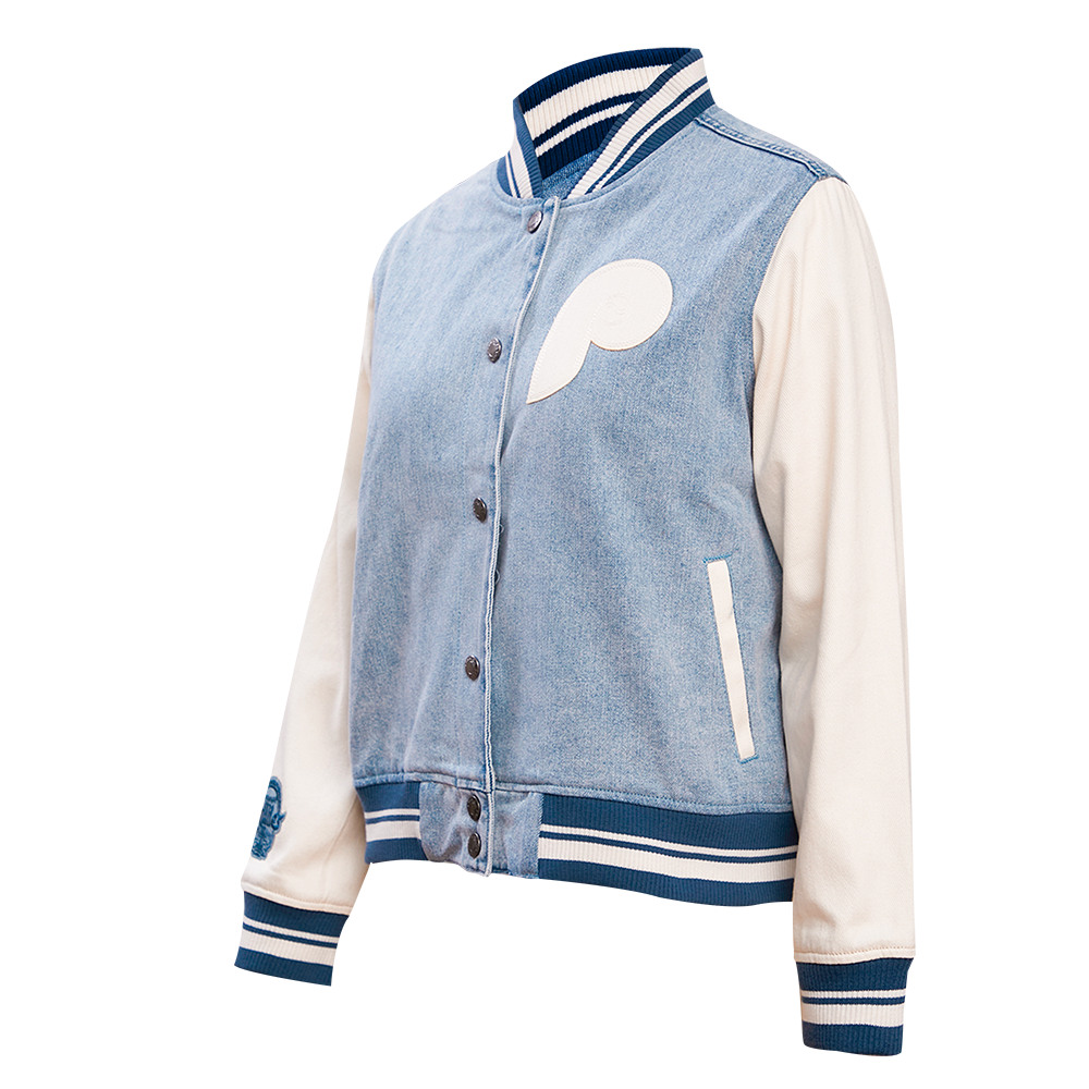 MLB PHILADELPHIA PHILLIES VARSITY BLUES BLOUSON COLLÉGIAL EN DENIM POUR FEMME (DENIM/LIN)