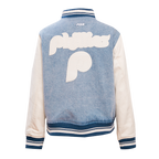 MLB PHILADELPHIA PHILLIES VARSITY BLUES BLOUSON COLLÉGIAL EN DENIM POUR FEMME (DENIM/LIN)