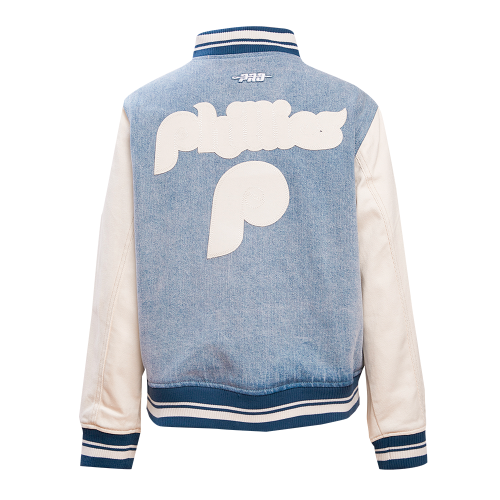 MLB PHILADELPHIA PHILLIES VARSITY BLUES BLOUSON COLLÉGIAL EN DENIM POUR FEMME (DENIM/LIN)