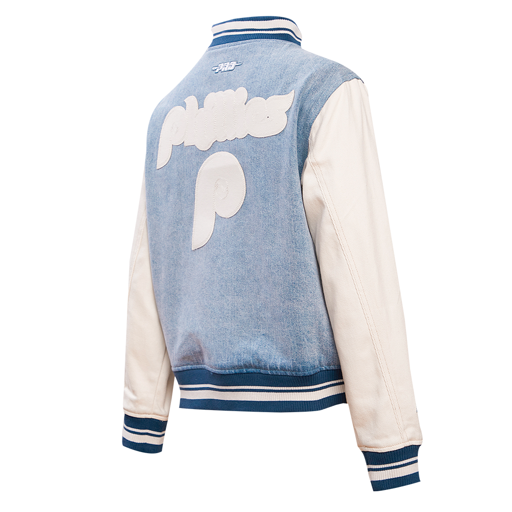 MLB PHILADELPHIA PHILLIES VARSITY BLUES BLOUSON COLLÉGIAL EN DENIM POUR FEMME (DENIM/LIN)