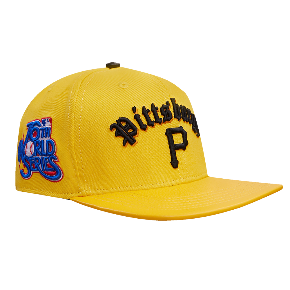 MLB PITTSBURGH PIRATES OLD ENGLISH UNISEX 6 PANEL LEATHER STRAPBACK (YELLOW)