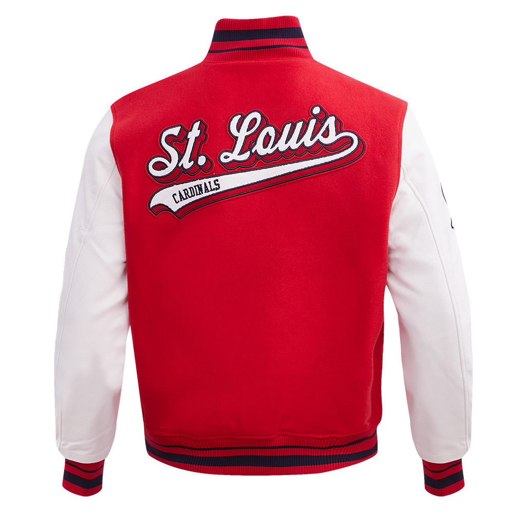 MLB ST. LOUIS CARDINALS SCRIPT TAIL MEN'S VARSITY JACKET (RED/WHITE/MIDNIGHT NAVY)
