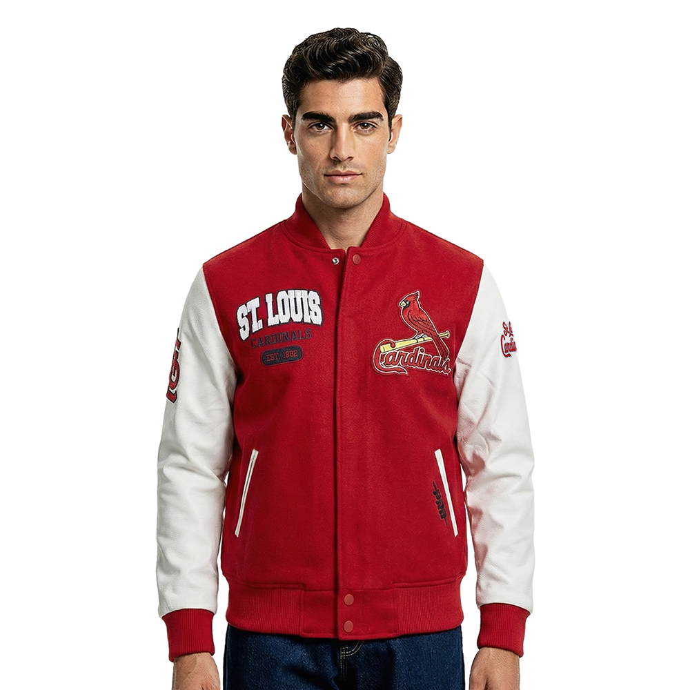 MLB ST. LOUIS CARDINALS CITY ARCH BLOUSON COLLÉGIAL EN LAINE POUR HOMME (ROUGE/BLANC)