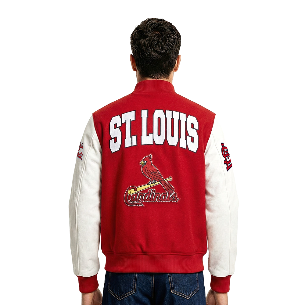 MLB ST. LOUIS CARDINALS CITY ARCH BLOUSON COLLÉGIAL EN LAINE POUR HOMME (ROUGE/BLANC)