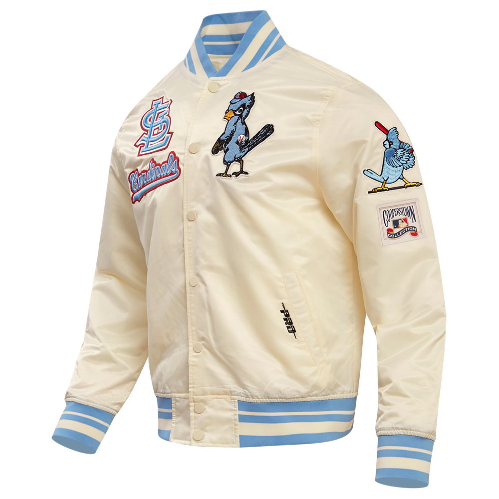 MLB ST. LOUIS CARDINALS RETRO CLASSIC MEN'S RIB SATIN JACKET (EGGSHELL/UNIVERSAL BLUE)