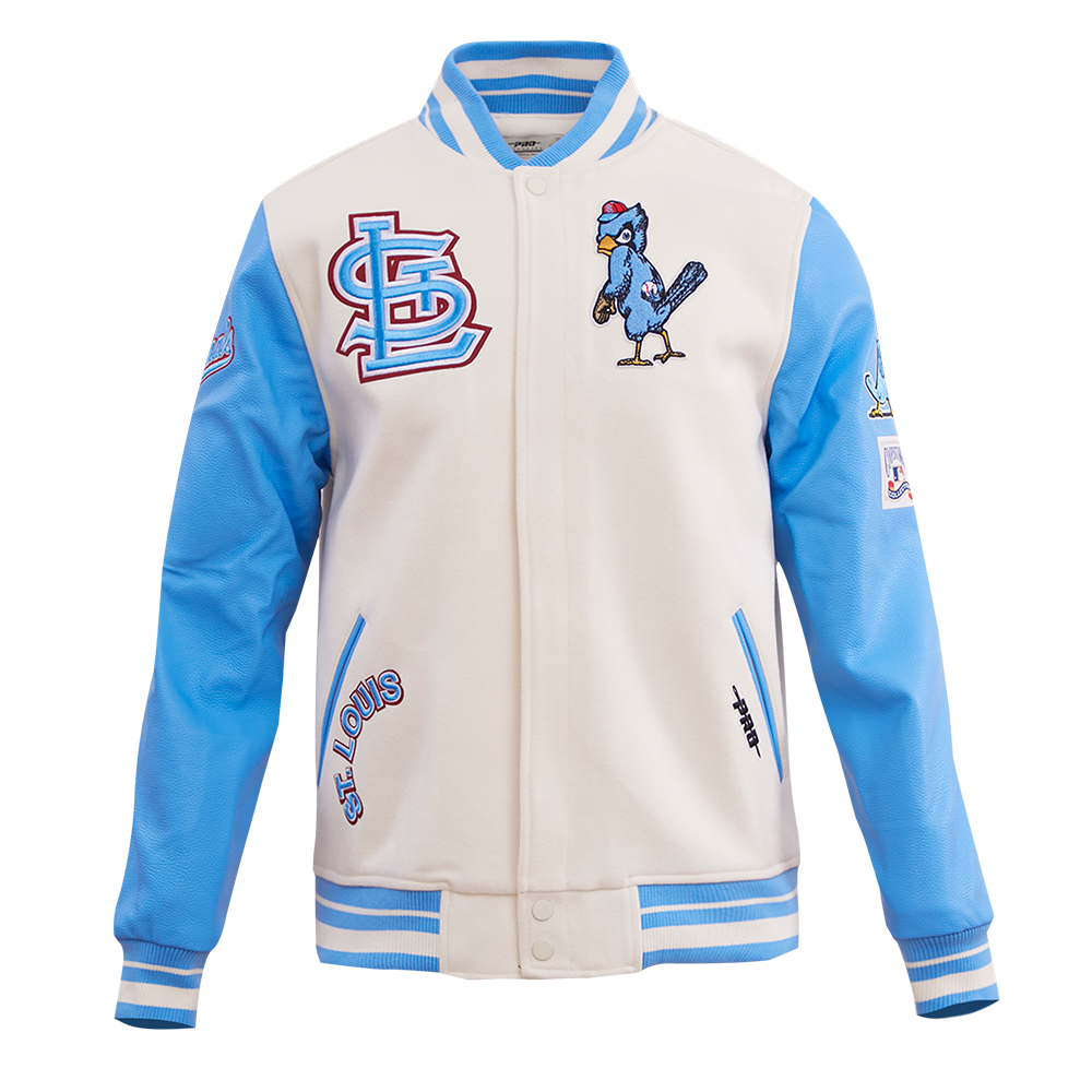 MLB ST. LOUIS CARDINALS RETRO CLASSIC BLOUSON COLLÉGIAL EN LAINE À BORDS CÔTELÉS POUR HOMME (COQUILLE D'ŒUF/BLEU UNIVERSEL)