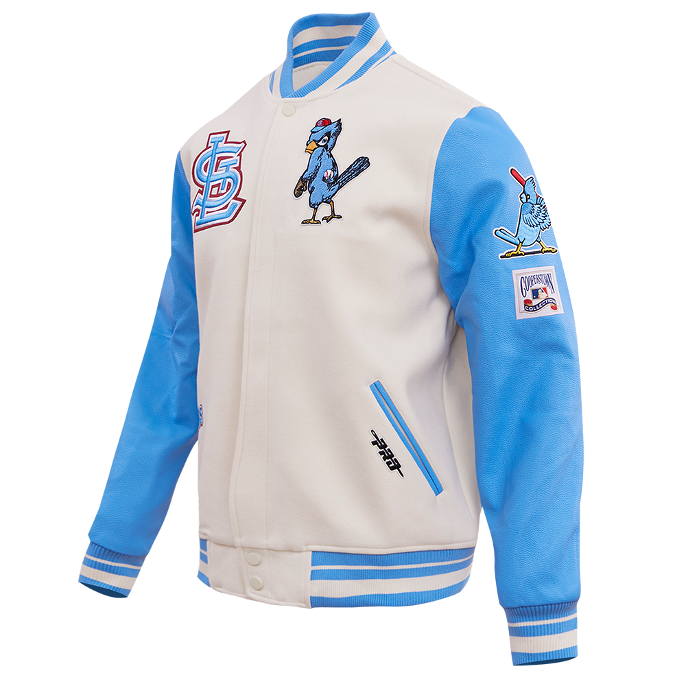 MLB ST. LOUIS CARDINALS RETRO CLASSIC BLOUSON COLLÉGIAL EN LAINE À BORDS CÔTELÉS POUR HOMME (COQUILLE D'ŒUF/BLEU UNIVERSEL)