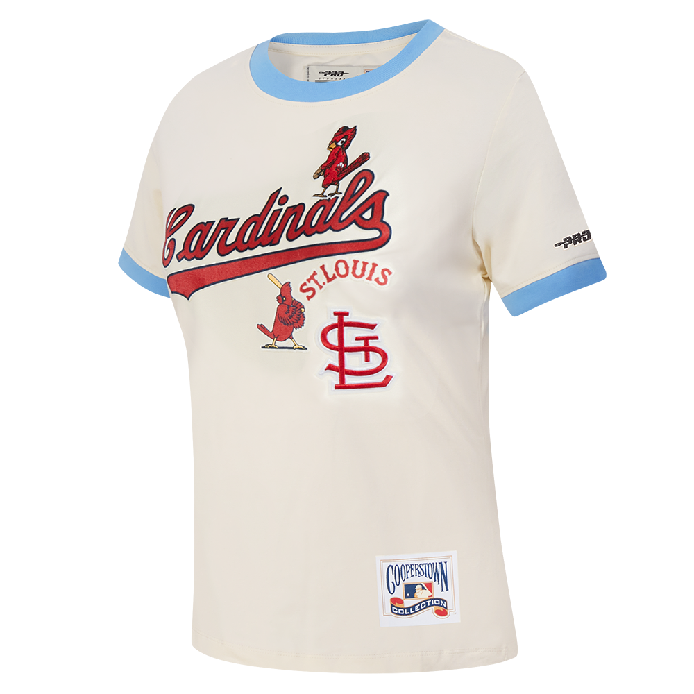 MLB ST. LOUIS CARDINALS RETRO CASCADE WOMEN'S RINGER TOP (EGGSHELL/ UNIVERSITY BLUE)