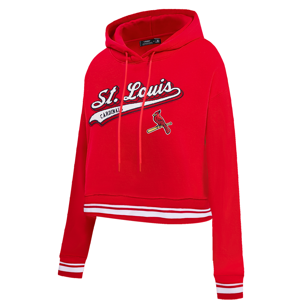 MLB ST. LOUIS CARDINALS SCRIPT TAIL WOMEN'S RIB FLEECE CROPPED PULLOVER HOODIE (RED)