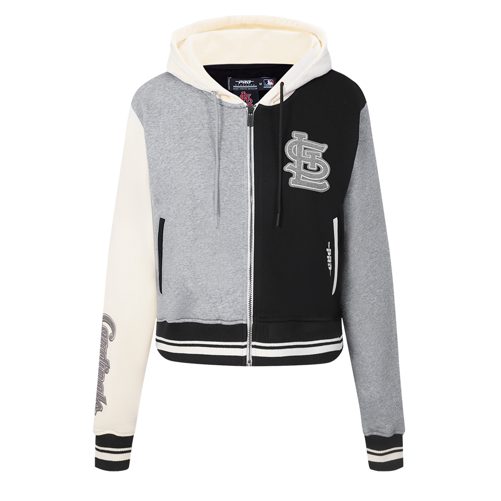 MLB ST. LOUIS CARDINALS REVERSE FRENCH TERRY CHANDAIL À CAPUCHON EN MOLLETON À GLISSIÈRE ET À BLOCS DE COULEUR POUR FEMME (NOIR/GRIS/COQUILLE D'ŒUF)