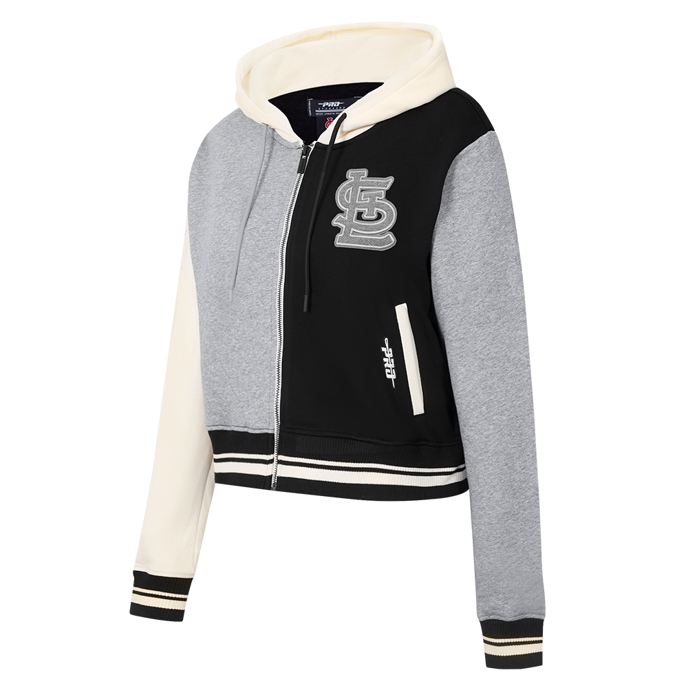 MLB ST. LOUIS CARDINALS REVERSE FRENCH TERRY WOMEN'S COLOR BLOCK FLEECE FULL ZIP HOODIE (BLACK/GRAY/EGGSHELL)