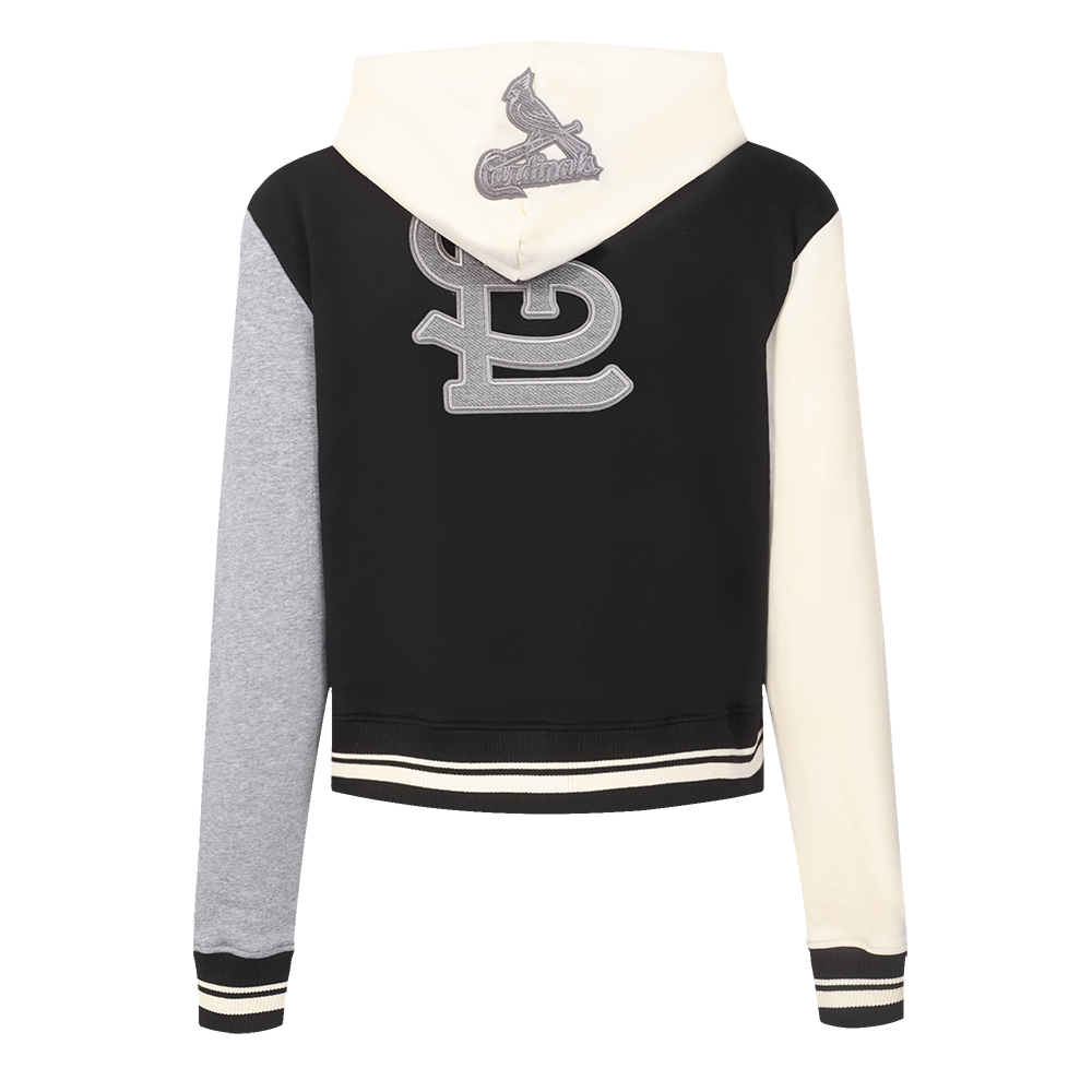 MLB ST. LOUIS CARDINALS REVERSE FRENCH TERRY CHANDAIL À CAPUCHON EN MOLLETON À GLISSIÈRE ET À BLOCS DE COULEUR POUR FEMME (NOIR/GRIS/COQUILLE D'ŒUF)