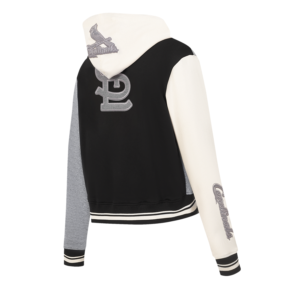 MLB ST. LOUIS CARDINALS REVERSE FRENCH TERRY CHANDAIL À CAPUCHON EN MOLLETON À GLISSIÈRE ET À BLOCS DE COULEUR POUR FEMME (NOIR/GRIS/COQUILLE D'ŒUF)