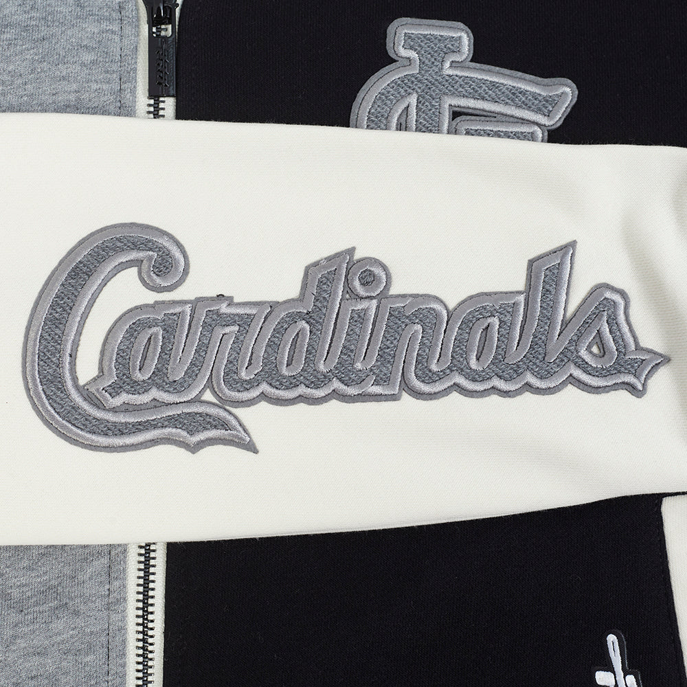 MLB ST. LOUIS CARDINALS REVERSE FRENCH TERRY CHANDAIL À CAPUCHON EN MOLLETON À GLISSIÈRE ET À BLOCS DE COULEUR POUR FEMME (NOIR/GRIS/COQUILLE D'ŒUF)