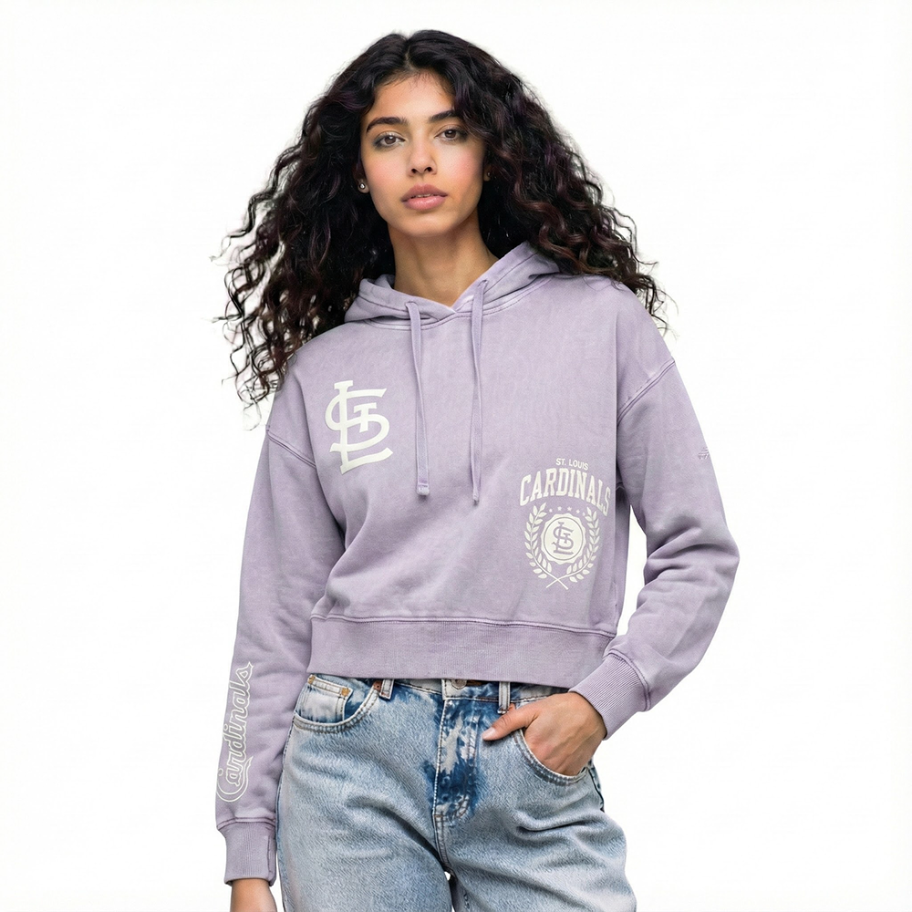 MLB ST. LOUIS CARDINALS STREET TEAM WOMEN'S ENZYME WASH FT CROPPED PO HOODIE (WASHED LILAC GRAY)
