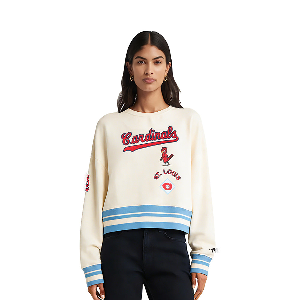 MLB ST. LOUIS CARDINALS  RETRO CLASSIC WOMEN'S RIB FLC CREWNECK (EGGSHELL/ UNIVERSITY BLUE)