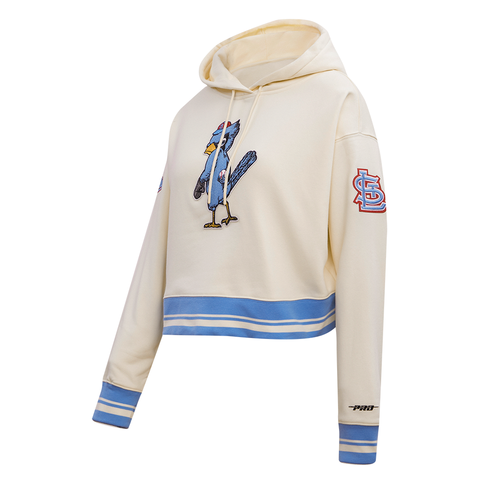 MLB ST. LOUIS CARDINALS RETRO CLASSIC WOMEN'S CROPPED PULLOVER HOODIE (EGGSHELL/ UNIVERSITY BLUE)