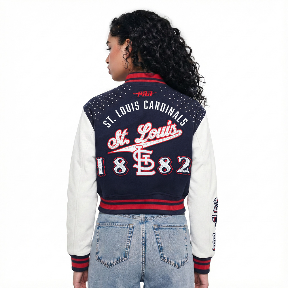 MLB ST. LOUIS CARDINALS LEGACY WOMEN'S CROPPED RIB WOOL VARSITY JACKET (MIDNIGHT NAVY/RED/MIDNIGHT NAVY)