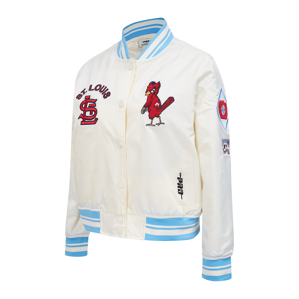 MLB ST. LOUIS CARDINALS RETRO CLASSIC BLOUSON EN SATIN À BORDS CÔTELÉS POUR FEMME (COQUILLE D'ŒUF/BLEU UNIVERSITÉ)