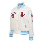 MLB ST. LOUIS CARDINALS RETRO CLASSIC BLOUSON EN SATIN À BORDS CÔTELÉS POUR FEMME (COQUILLE D'ŒUF/BLEU UNIVERSITÉ)