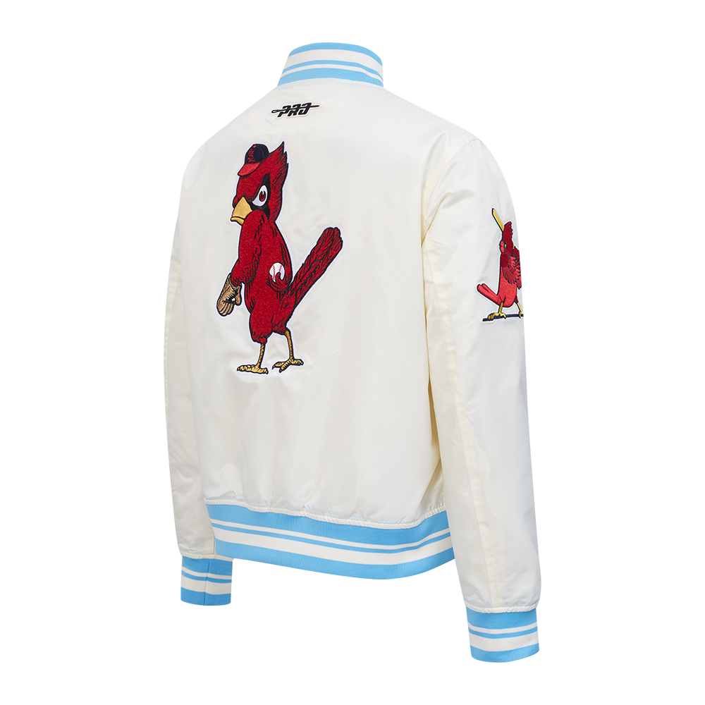 MLB ST. LOUIS CARDINALS RETRO CLASSIC BLOUSON EN SATIN À BORDS CÔTELÉS POUR FEMME (COQUILLE D'ŒUF/BLEU UNIVERSITÉ)
