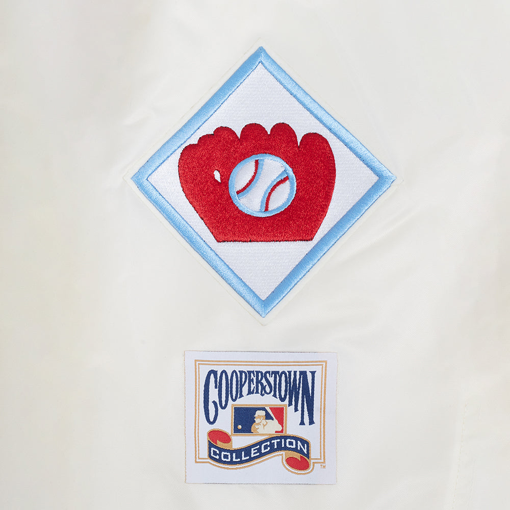 MLB ST. LOUIS CARDINALS RETRO CLASSIC BLOUSON EN SATIN À BORDS CÔTELÉS POUR FEMME (COQUILLE D'ŒUF/BLEU UNIVERSITÉ)
