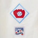 MLB ST. LOUIS CARDINALS RETRO CLASSIC BLOUSON EN SATIN À BORDS CÔTELÉS POUR FEMME (COQUILLE D'ŒUF/BLEU UNIVERSITÉ)