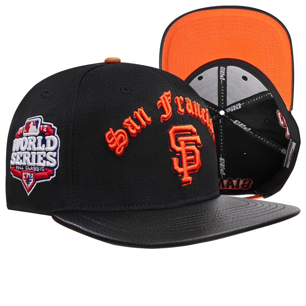 MLB SAN FRANCISCO GIANTS OLD ENGLISH CASQUETTE STRAPBACK EN CUIR À SIX PANNEAUX POUR UNISEXE (NOIR)