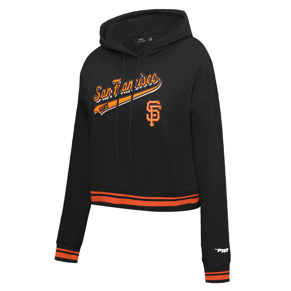 MLB SAN FRANCISCO GIANTS SCRIPT TAIL WOMEN'S RIB FLEECE CROPPED PULLOVER HOODIE (BLACK/ORANGE)