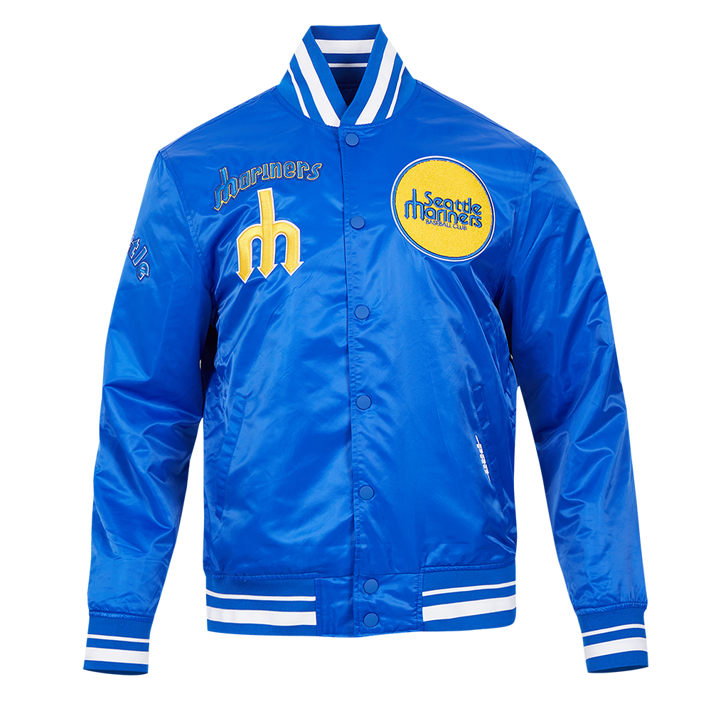 MLB SEATTLE MARINERS RETRO CLASSIC BLOUSON EN SATIN À BORDS CÔTELÉS POUR HOMME (BLEU ROYAL)
