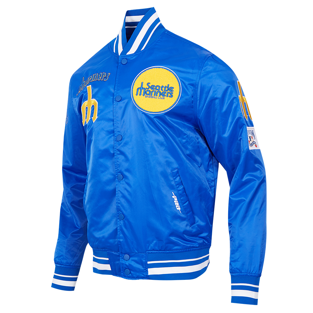 MLB SEATTLE MARINERS RETRO CLASSIC BLOUSON EN SATIN À BORDS CÔTELÉS POUR HOMME (BLEU ROYAL)