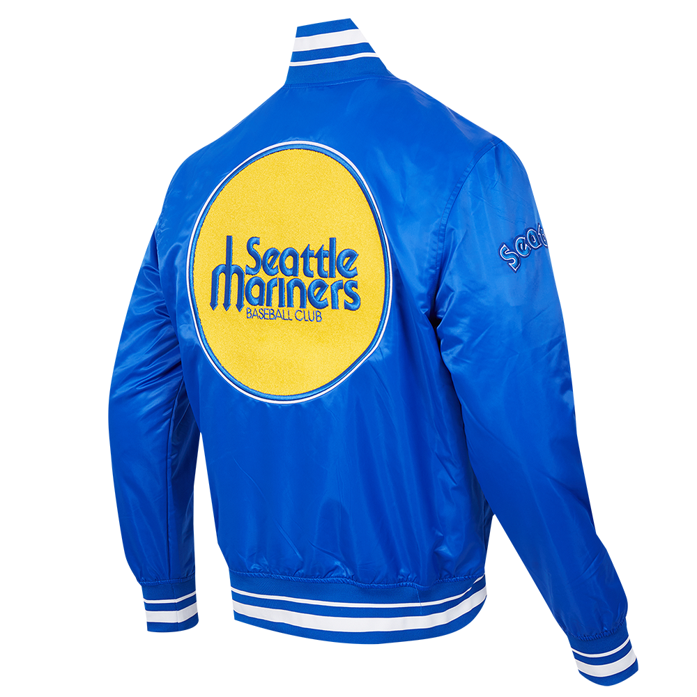 MLB SEATTLE MARINERS RETRO CLASSIC BLOUSON EN SATIN À BORDS CÔTELÉS POUR HOMME (BLEU ROYAL)