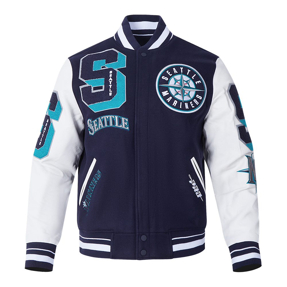MLB SEATTLE MARINERS MASH UP MEN'S RIB WOOL VARSITY JACKET (MIDNIGHT NAVY/WHITE)