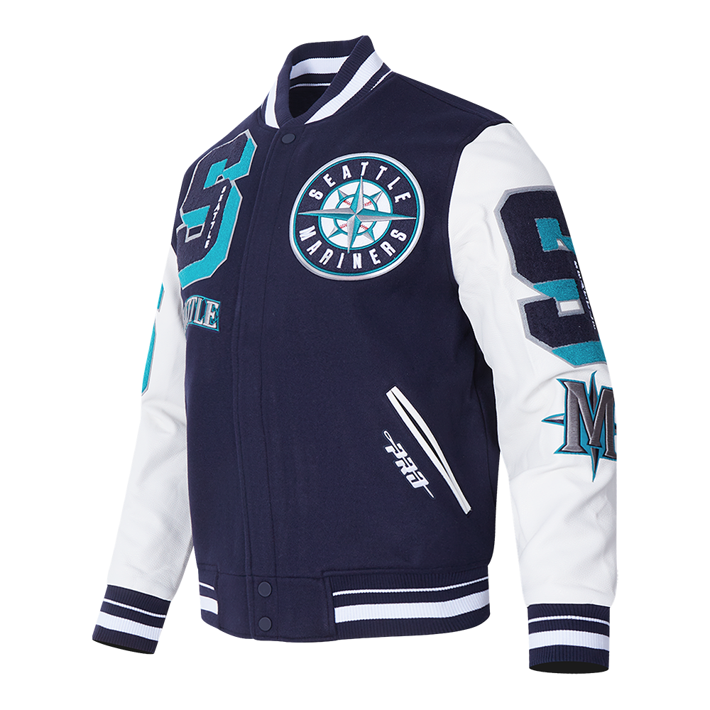 MLB SEATTLE MARINERS MASH UP MEN'S RIB WOOL VARSITY JACKET (MIDNIGHT NAVY/WHITE)