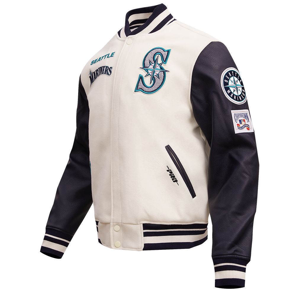 MLB SEATTLE MARINERS RETRO CLASSIC MEN'S RIB WOOL VARSITY JACKET (EGGSHELL/ MIDNIGHT NAVY)