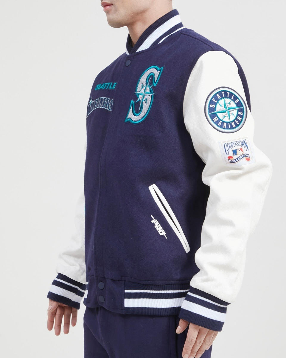 MLB SEATTLE MARINERS RETRO CLASSIC MEN'S RIB WOOL VARSITY JACKET (MIDNIGHT NAVY/WHITE)