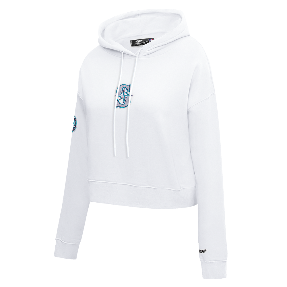MLB SEATTLE MARINERS CLASSIC WOMEN'S FLEECE CROPPED PULLOVER HOODIE (WHITE)
