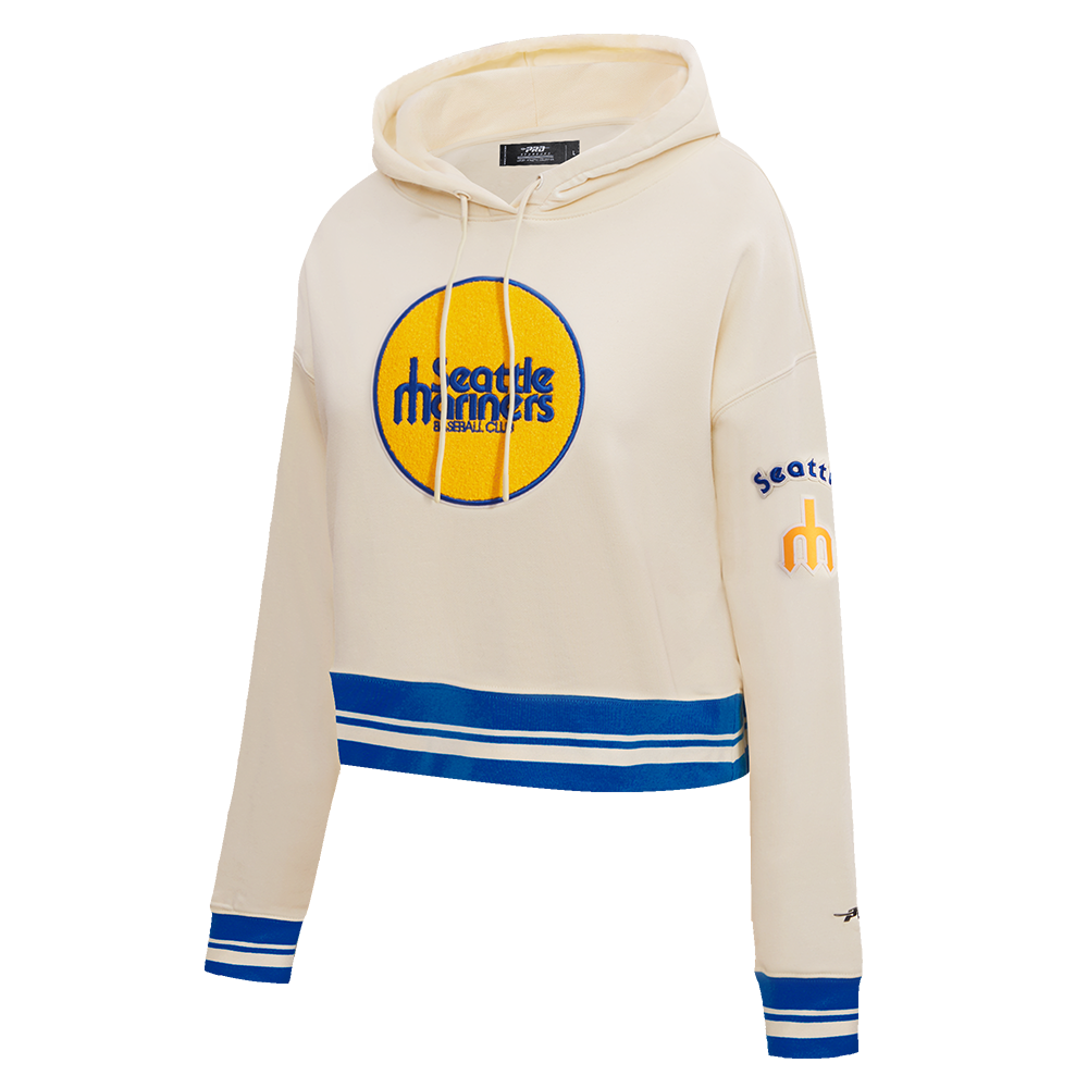 MLB SEATTLE MARINERS RETRO CLASSIC WOMEN'S RIB CROPPED PULLOVER HOODIE (EGGSHELL/ROYAL BLUE)