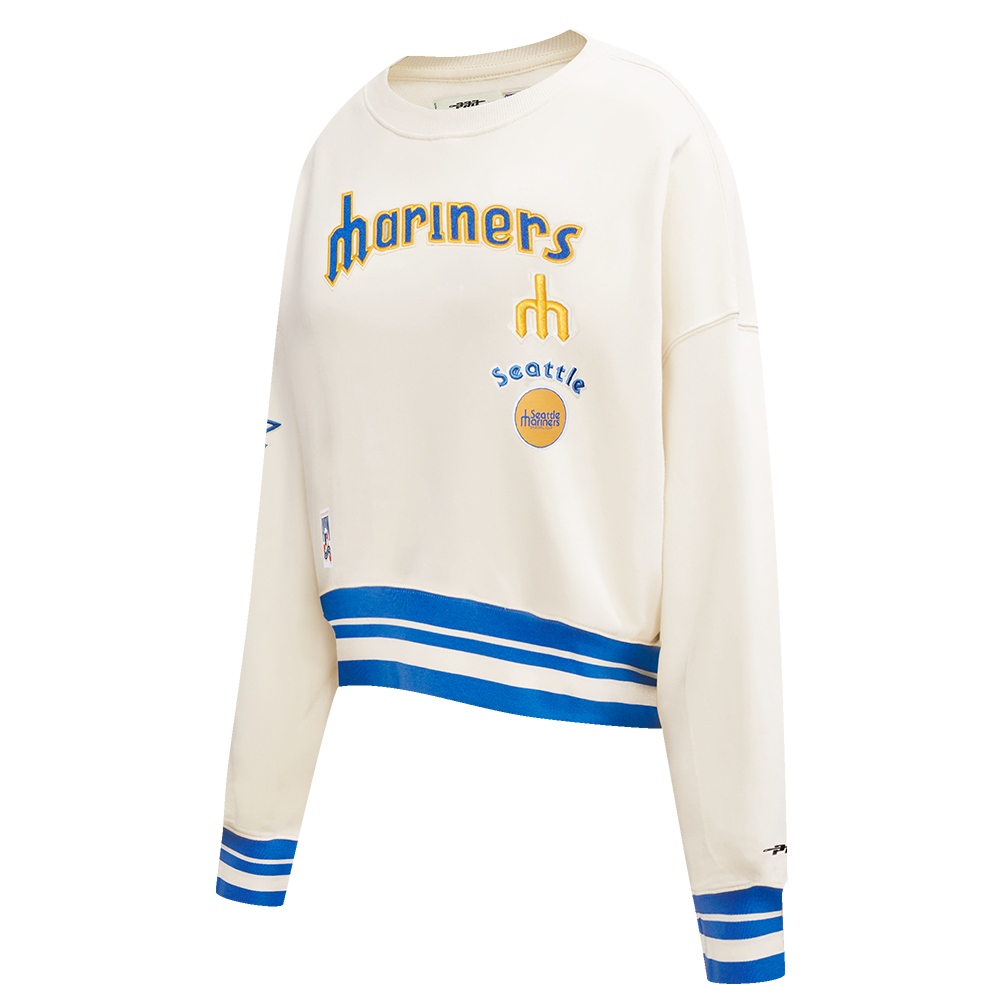 MLB SEATTLE MARINERS RETRO CLASSIC WOMEN'S RIB CREWNECK (EGGSHELL/ROYAL BLUE)
