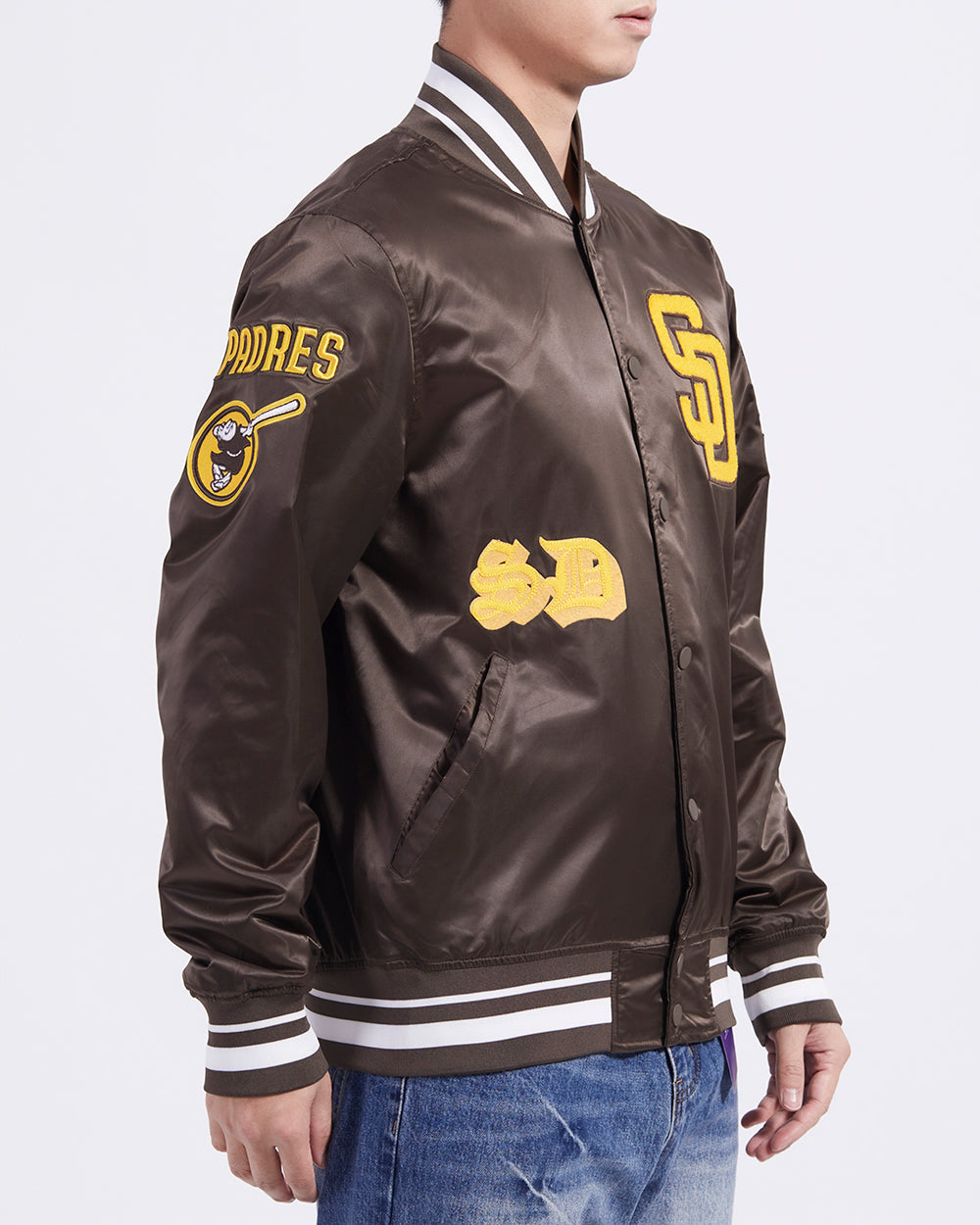 MLB SAN DIEGO PADRES OLD ENGLISH BLOUSON EN SATIN À BORDS CÔTELÉS POUR HOMME (BRUN)