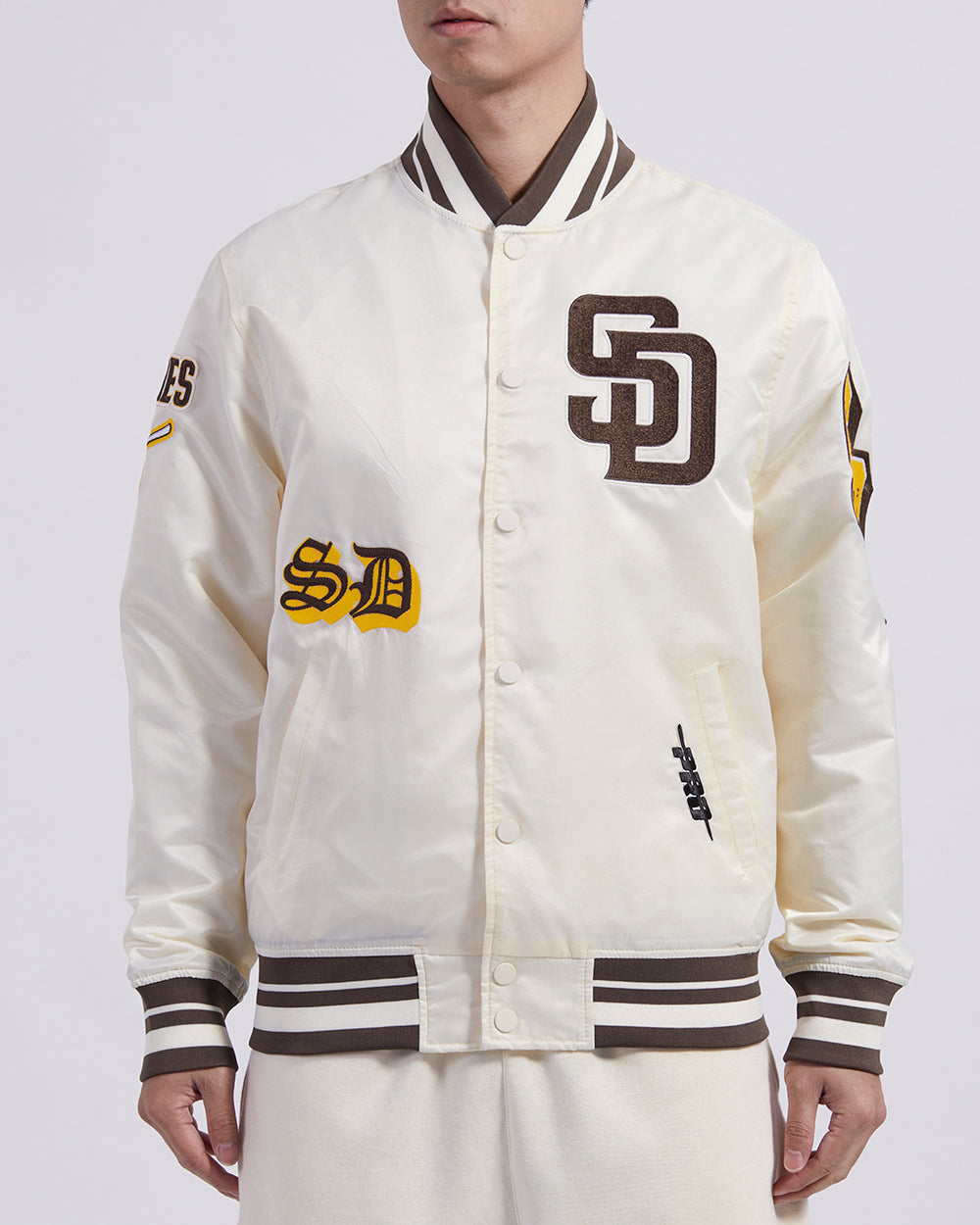 MLB SAN DIEGO PADRES OLD ENGLISH MEN'S RIB SATIN JACKET (EGGSHELL/ BROWN)