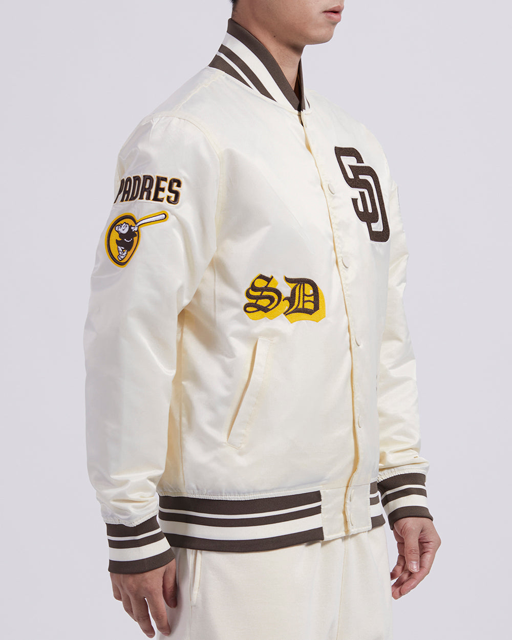MLB SAN DIEGO PADRES OLD ENGLISH MEN'S RIB SATIN JACKET (EGGSHELL/ BROWN)
