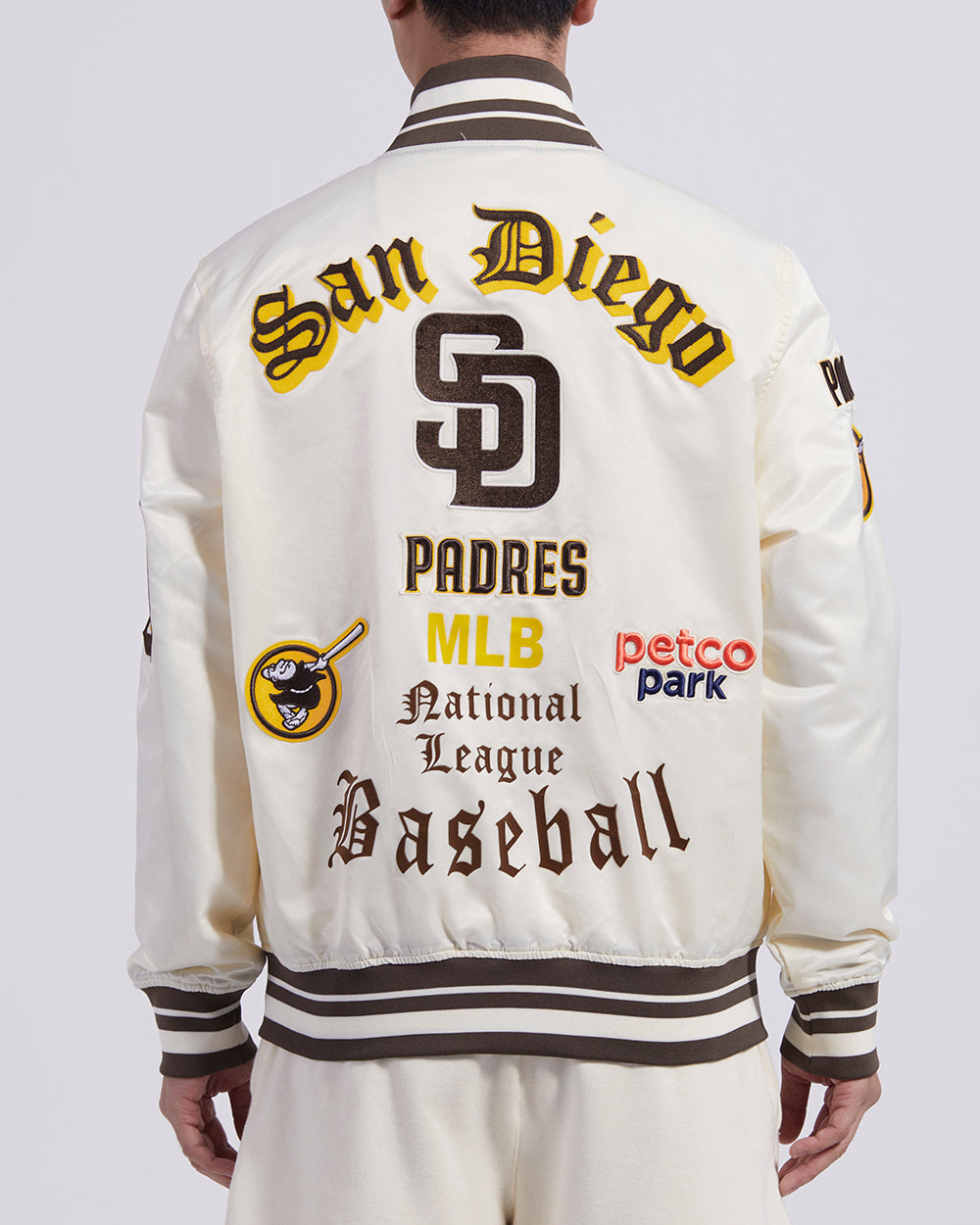 MLB SAN DIEGO PADRES OLD ENGLISH MEN'S RIB SATIN JACKET (EGGSHELL/ BROWN)