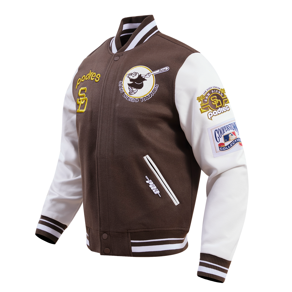 MLB SAN DIEGO PADRES RETRO CLASSIC MEN'S RIB WOOL VARSITY JACKET (BROWN/WHITE)