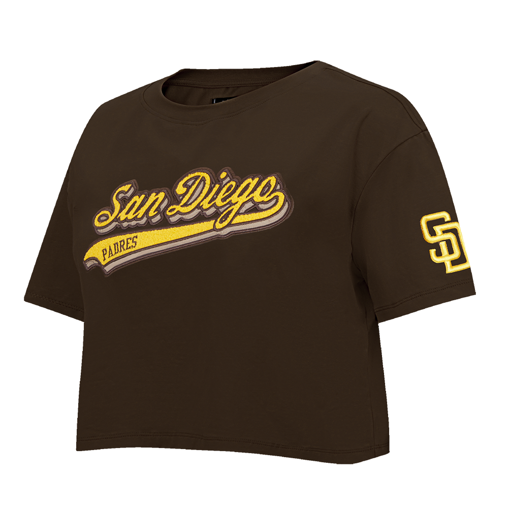 MLB SAN DIEGO PADRES SCRIPT TAIL WOMEN'S SINGLE JERSEY BOXY TOP (BROWN)
